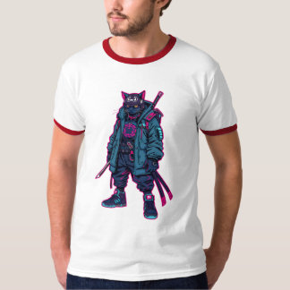 Camiseta Arte de Anime Neon do Gato Samurai Cyberpunk