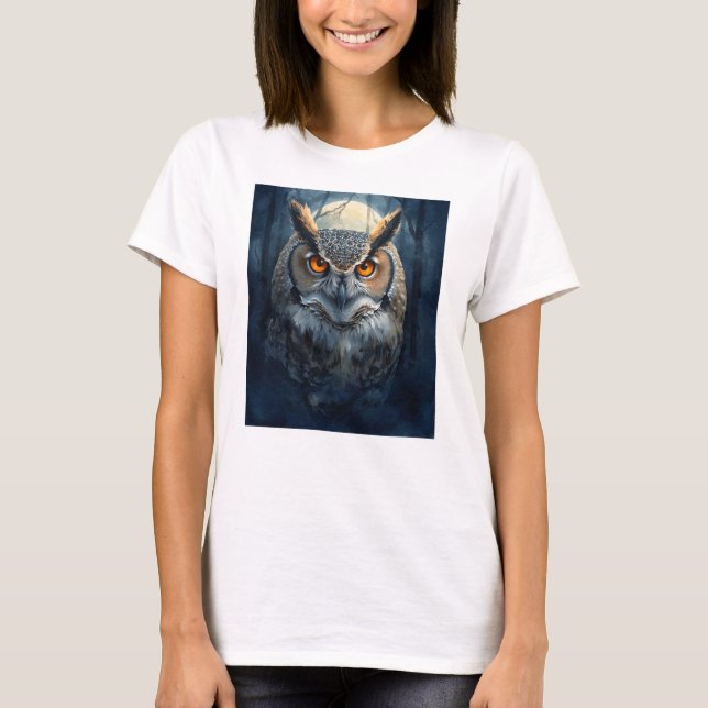 Camiseta Arte de Aquarela de Coruja Mística | Coruja da Lua (Frente)