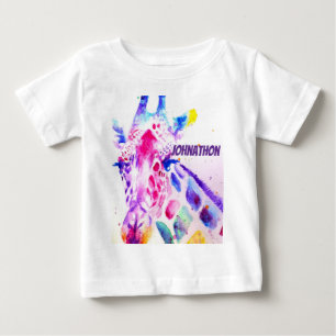 Camiseta Arte de Aquarela de Girafa Roxa Fofa Animal de Zoo