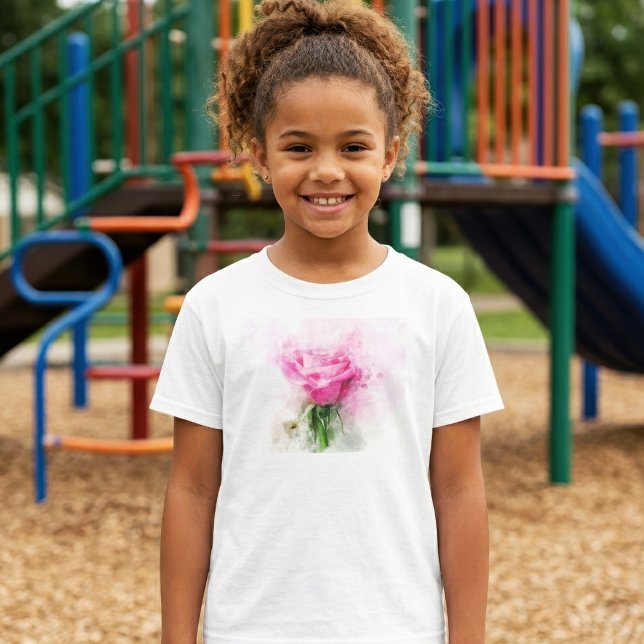 Camiseta Arte de Aquarela de Rosa Rosa em Fundo Branco (Pink Rose Watercolor Art on White Background. Girl Basic White T-Shirt)