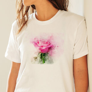 Camiseta Arte de Aquarela de Rosa Rosa em Fundo Branco