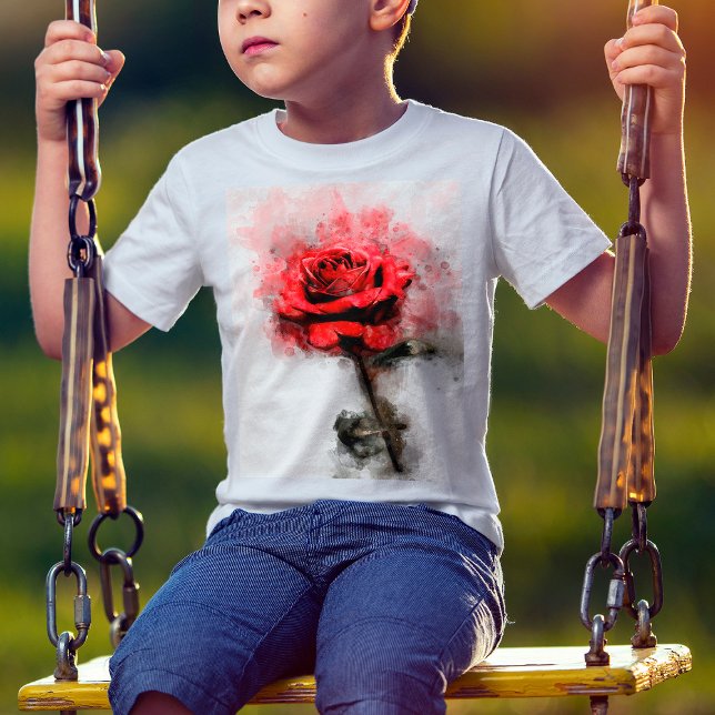 Camiseta Arte de Aquarela de Rosa Vermelha em Fundo Branco (Red Rose Watercolor Art on White Background. Boy Basic White T-Shirt)