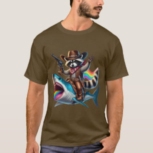 Camiseta Arte de Arco-Íris de Tubarão Guaxinim Cowboy Vinta