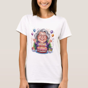Camiseta Arte de Bolo de Aniversário de Senhora Idosa Anima