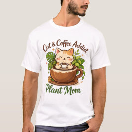 Camiseta Arte de Café e Plantas do Gato Aconchegante