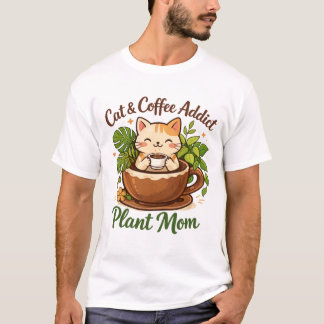 Camiseta Arte de Café e Plantas do Gato Aconchegante