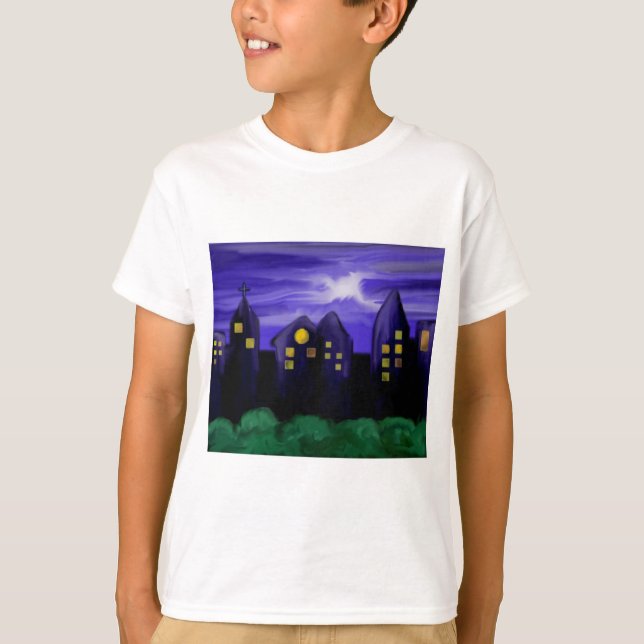 Camiseta Arte de canvas do arranha-céu noturno (Frente)