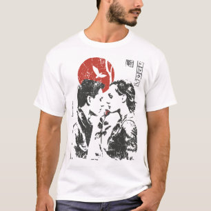 Camiseta Arte de Casal Japonês Impressão de Muro Romântic