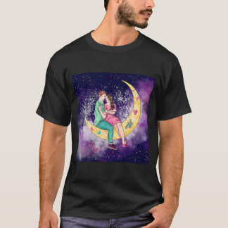 Camiseta Arte De Casal Surreal Sentada Na Lua Com Estrelas