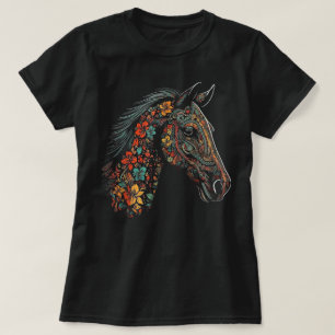 Camiseta Arte de Cavalos Flores Coloridas Animais de Montar