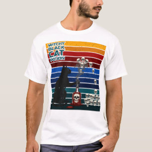 Camiseta Arte de Caveira Retrô de Poção de Gato Preto Bruxo