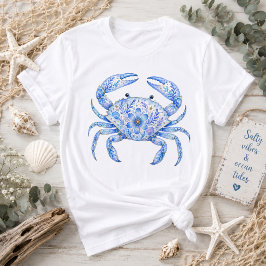 Camiseta Arte de Cerâmica de Caranguejo com Tema Floral