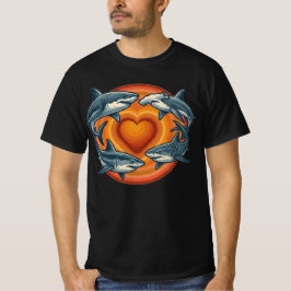 Camiseta Arte de Círculo de Coração de Tubarão do Pôr do So