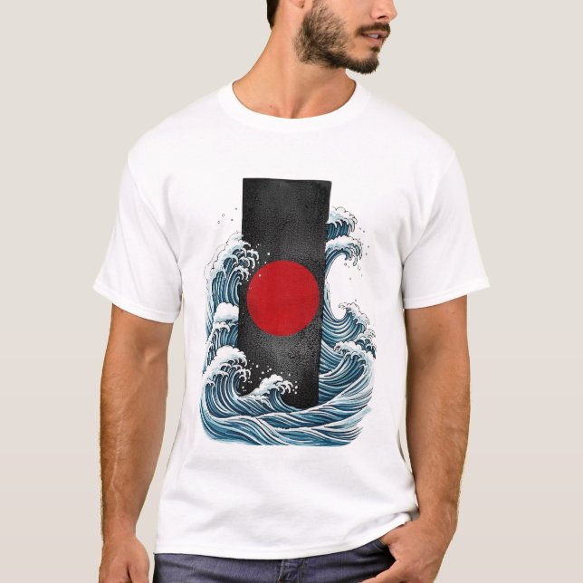 Camiseta Arte de Círculo Vermelho e Onda do Oceano Abstrata (Frente)