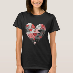 Camiseta Arte de Colagem de Coração Xadrez Vermelho e Rosa 