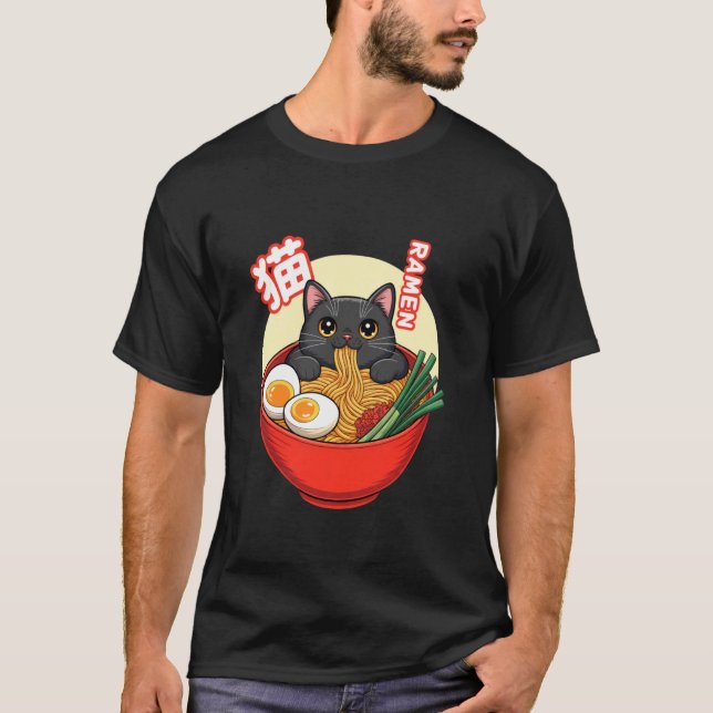 Camiseta Arte de Comida Fofa de Gato Ramen Relaxando em Mac (Frente)