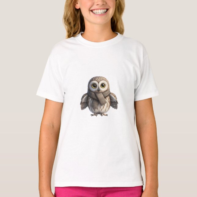 Camiseta Arte de Coruja com Cachecol Fofa para Crianças (Frente)
