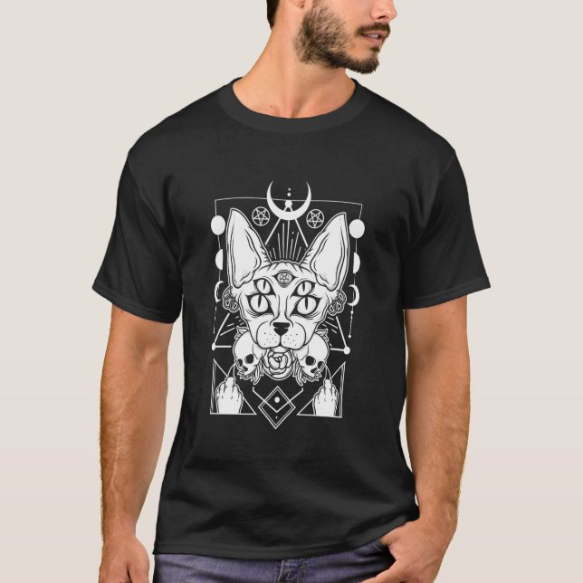 Camiseta Arte de Crânio de Gato Multi-Olhado Místico (Frente)