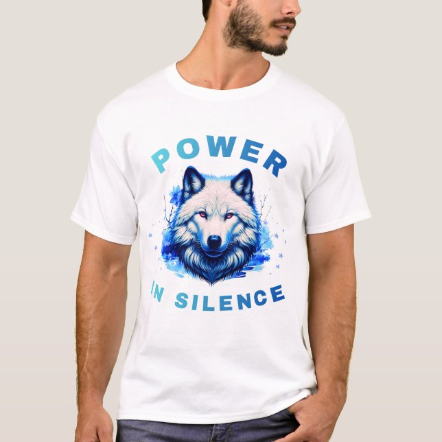 Camiseta Arte de Design do Lobo Azul Poder no Silêncio (Frente)