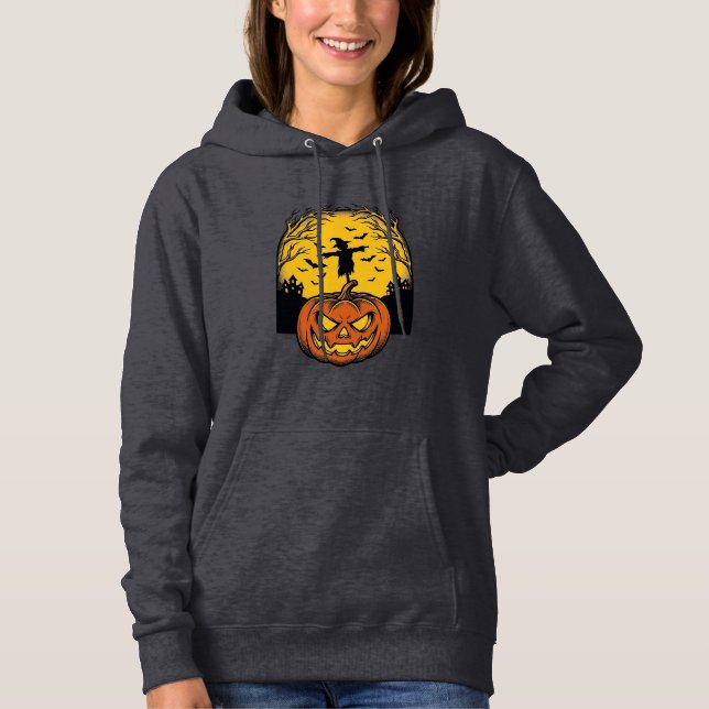 Camiseta Arte de Espantalho de Lua de Abóbora de Halloween  (Frente)