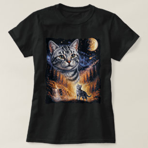 Camiseta Arte de Fantasia de Gato Listrado Lua Floresta