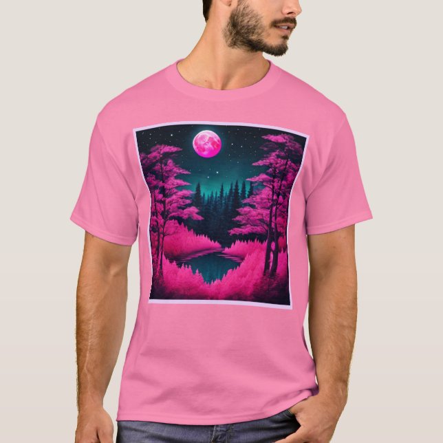 Camiseta Arte de Fantasia Florestal Neon Iluminada pela Lua (Frente)