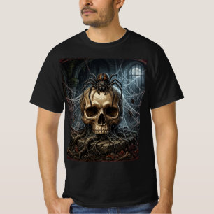 Camiseta Arte de Fantasia Sombria com Caveira Gótica e Teia