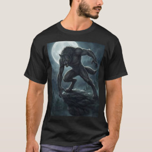 Camiseta Arte de Fantasia Sombria de Lobisomem Gótico Lua C