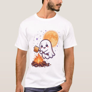 Camiseta Arte de Fantasma Fofo Torrando Marshmallows Foguei