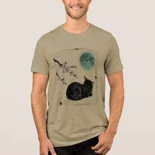 Camiseta Arte de Flor de Cerejeira Lua Azul Gato Preto Sumi