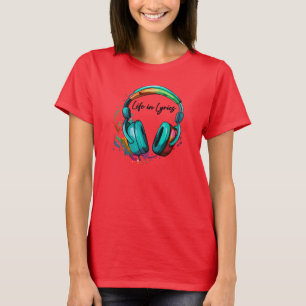 Camiseta Arte de fones de ouvido multicoloridos "A vida em