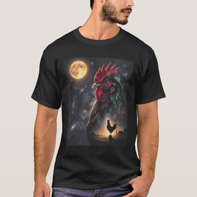 Camiseta Arte de Frango Lua Celestial Galáxia Fazenda de Av (Frente)