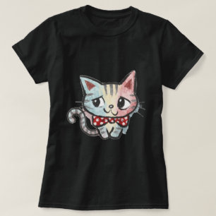 Camiseta Arte de Gatinho com Laço de Bolinhas em Giz Pastel
