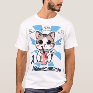Camiseta Arte de Gato Anime Kawaii Fofo Chá de Bolhas Onda 