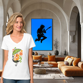 Camiseta Arte de Gato Colorido sob Guarda-Chuva
