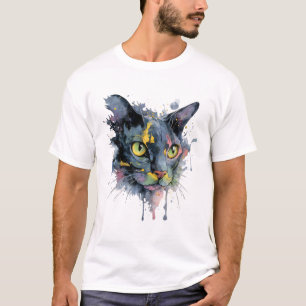 Camiseta Arte de Gato com Olhos de Neon em Aquarela Escura