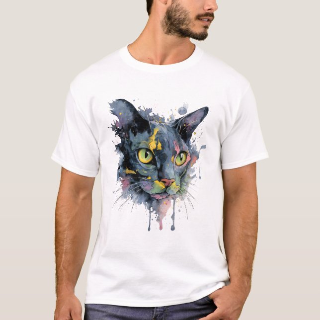 Camiseta Arte de Gato com Olhos de Neon em Aquarela Escura (Frente)