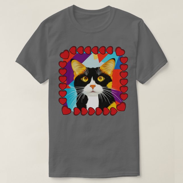 Camiseta Arte de Gato de Calico Bonita com Quadro de Coraçã (Frente do Design)