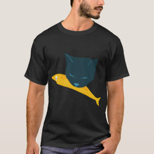 Camiseta Arte de Gato e Peixe Mínimo – Azul e Amarelo para 