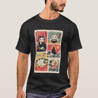Camiseta Arte de Gato Japonês Estilo Retro Vintage Gatos En