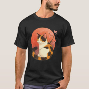 Camiseta Arte de Gato Malhado Fofo Árvore de Cerejeira Japo