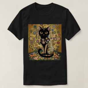 Camiseta Arte de Gato Preto Decorativo Dourado no Estilo Gu