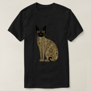 Camiseta Arte de Gato Preto Decorativo Dourado no Estilo Gu