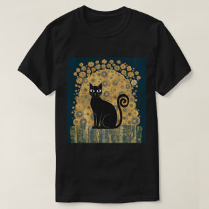Camiseta Arte de Gato Preto Decorativo Dourado no Estilo Gu