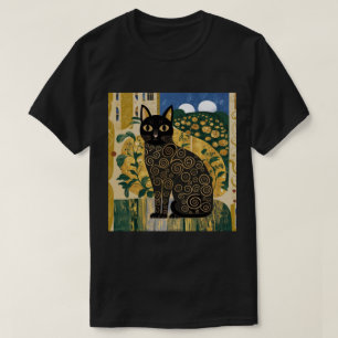 Camiseta Arte de Gato Preto Decorativo Dourado no Estilo Gu