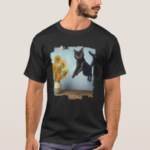 Camiseta Arte de Gato Preto Girassóis para Amantes de Gatos