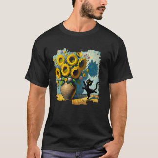 Camiseta Arte de Gato Preto Girassóis para Mãe de Gato e Pa