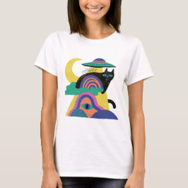 Camiseta Arte de Gato Preto OVNI Lua