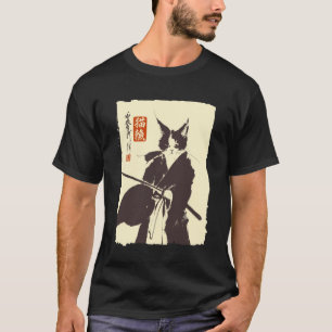 Camiseta Arte de Gato Samurai Japonês Pintura a Tinta Sumi-