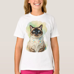 Camiseta Arte de Gato Siames Cute Olhos Azuis Aquarela